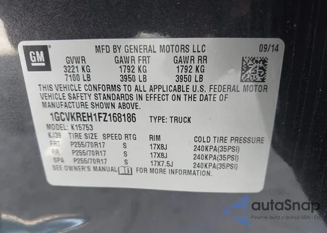 2015 Chevrolet Silverado 1500 1Lt z USA, uszkodzony, nr VIN 1GCVKREH1FZ168186